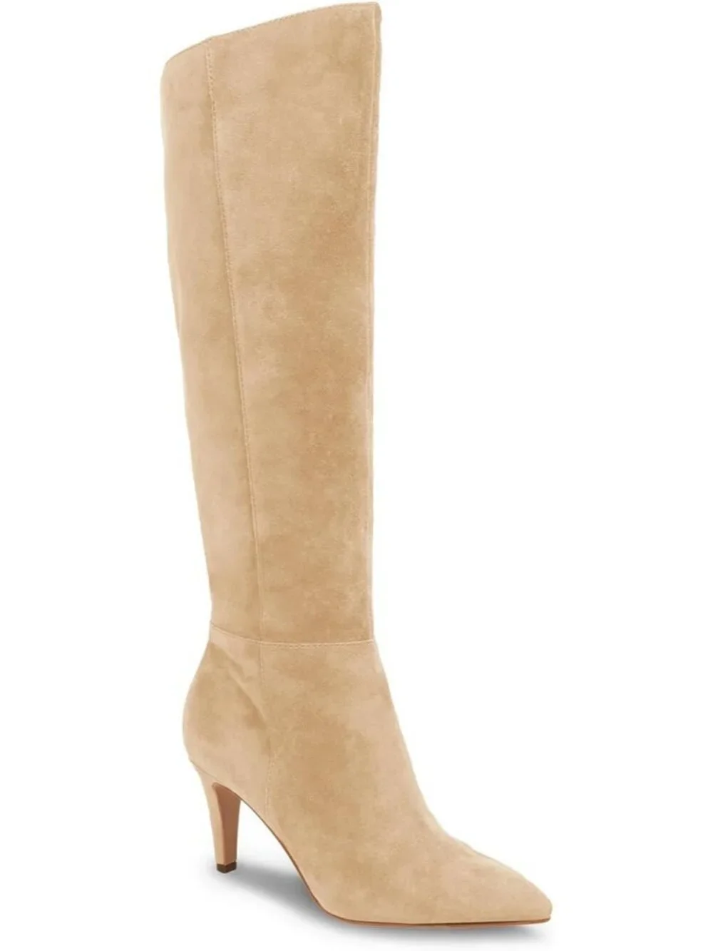 Women's Light Brown Faux Suede Wide Calf Pointed Toe Side Zipper Long Boots
